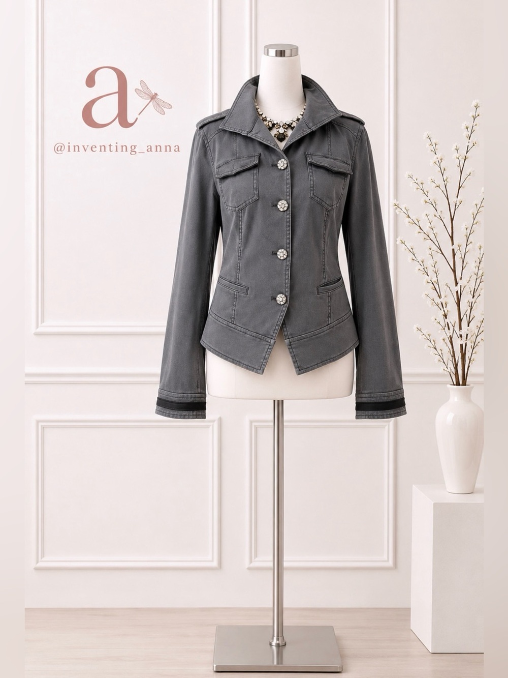 Charcoal Gray/Green Dress Jacket w/Rhinestone Adorned Buttons and Trimmed Sleeve
